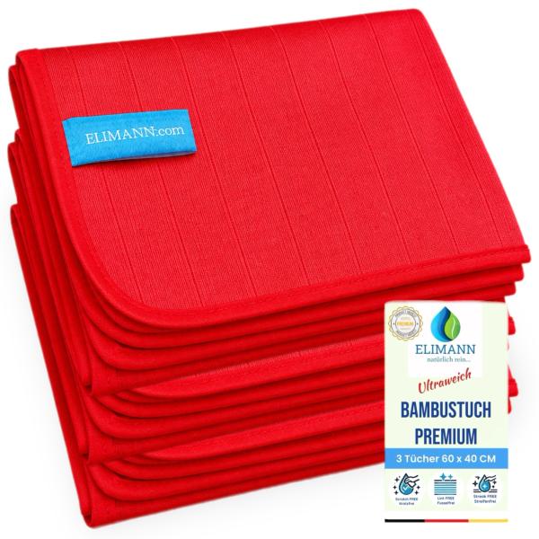 ELIMANN® ✅ Bambus XL Hochglanz Reinigungstuch  ANTIBAKTERIELL für STREIFENFREIEN FUSSELFREIEN GLANZ  3er Set 60 x 40 cm