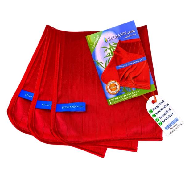 ELIMANN® ✅ Bambus XL Hochglanz Reinigungstuch  ANTIBAKTERIELL für STREIFENFREIEN FUSSELFREIEN GLANZ  3er Set 60 x 40 cm
